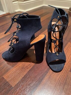 ShuShop Navy Lace-Up Suede Block Heel Sandals